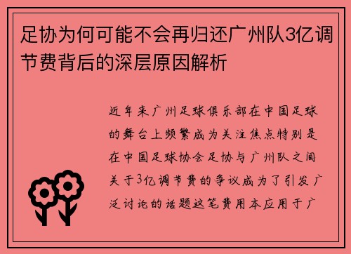 足协为何可能不会再归还广州队3亿调节费背后的深层原因解析