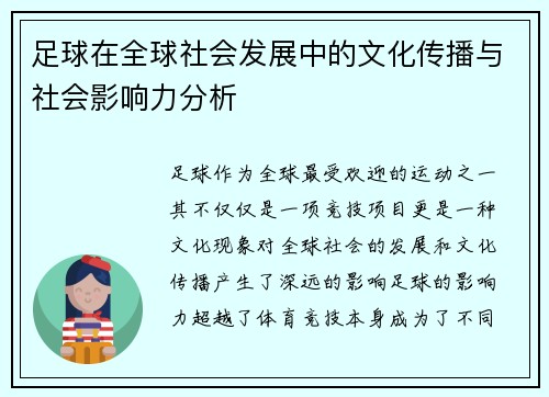 足球在全球社会发展中的文化传播与社会影响力分析
